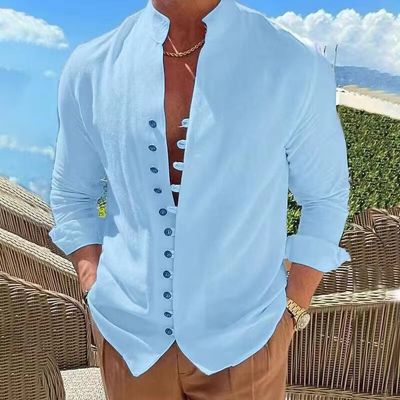 【Cumpără 1 primești 1 gratis】【S-3XL】Cămașă casual pentru bărbați cu guler stand cu nasturi_4035537