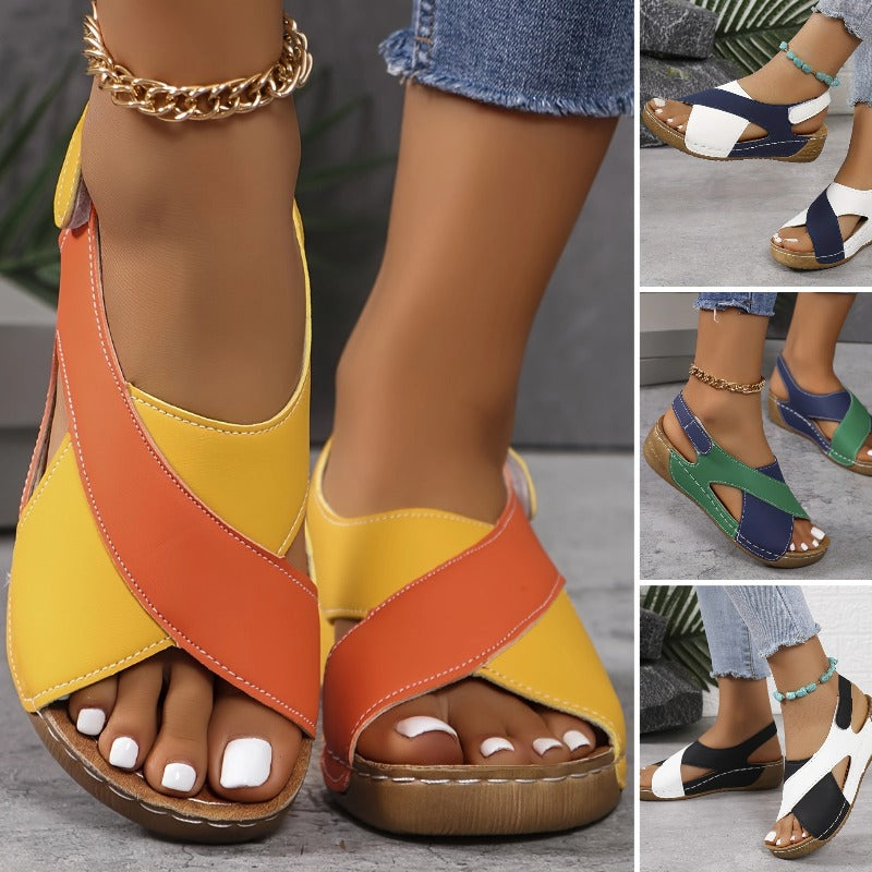 【50% de descuento】【36-43】Sandalias de cuña en contraste de verano para mujer, cómodas sandalias con tiras en el tobillo, tejidas a mano, suaves y cómodas_4061892