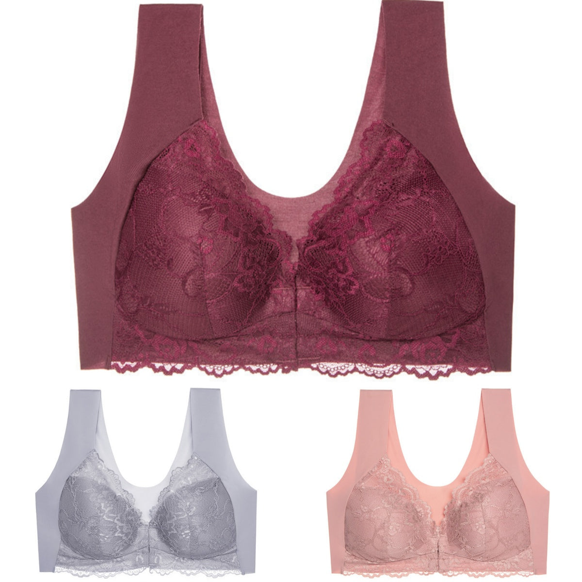 ✨【Produs bestseller】【3 bucăți】 Închidere față de dimensiuni mari, sexy, fără inel de oțel, sutien frumos pe spate