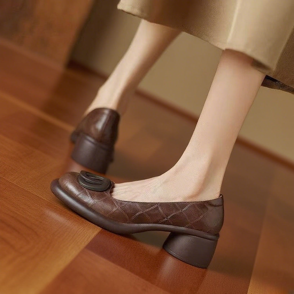 【35-40】2025 Pantofi versatili din piele moale Toc gros retro de 4 cm Vârf rotund la modă_4040507