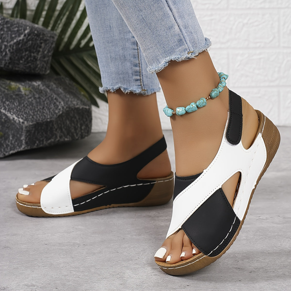 【50% de descuento】【36-43】Sandalias de cuña en contraste de verano para mujer, cómodas sandalias con tiras en el tobillo, tejidas a mano, suaves y cómodas_4061892