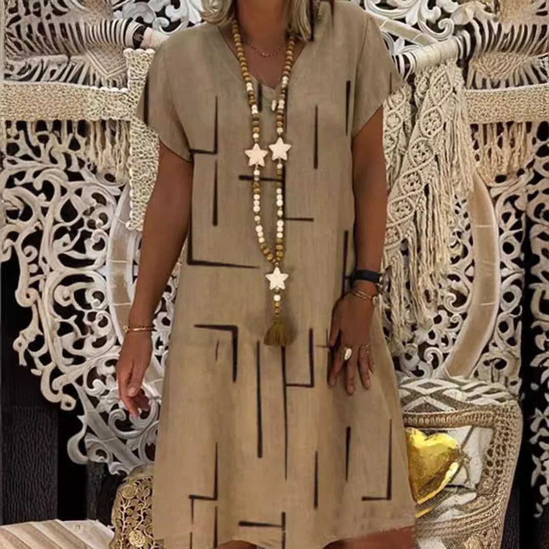 【S-5XL】Rochie nouă din bumbac și in, cu decolteu în V, cu imprimeu 、Prăgător cu pielea și moale、La modă și casuale_4035530