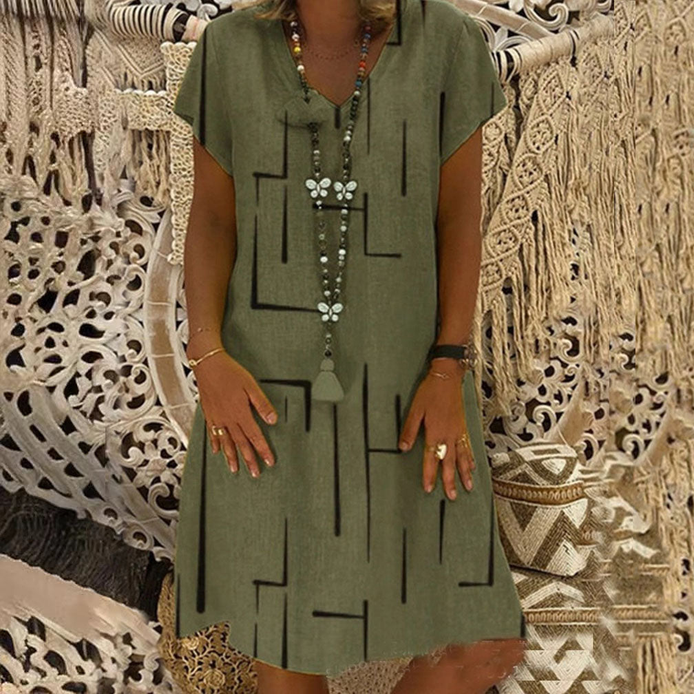 【S-5XL】Rochie nouă din bumbac și in, cu decolteu în V, cu imprimeu 、Prăgător cu pielea și moale、La modă și casuale_4035530