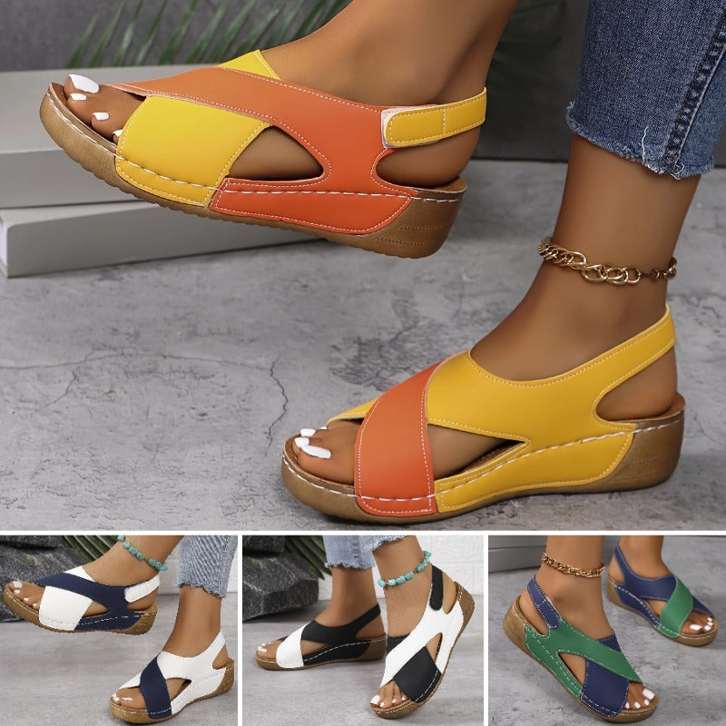 【50% de descuento】【36-43】Sandalias de cuña en contraste de verano para mujer, cómodas sandalias con tiras en el tobillo, tejidas a mano, suaves y cómodas_4061892