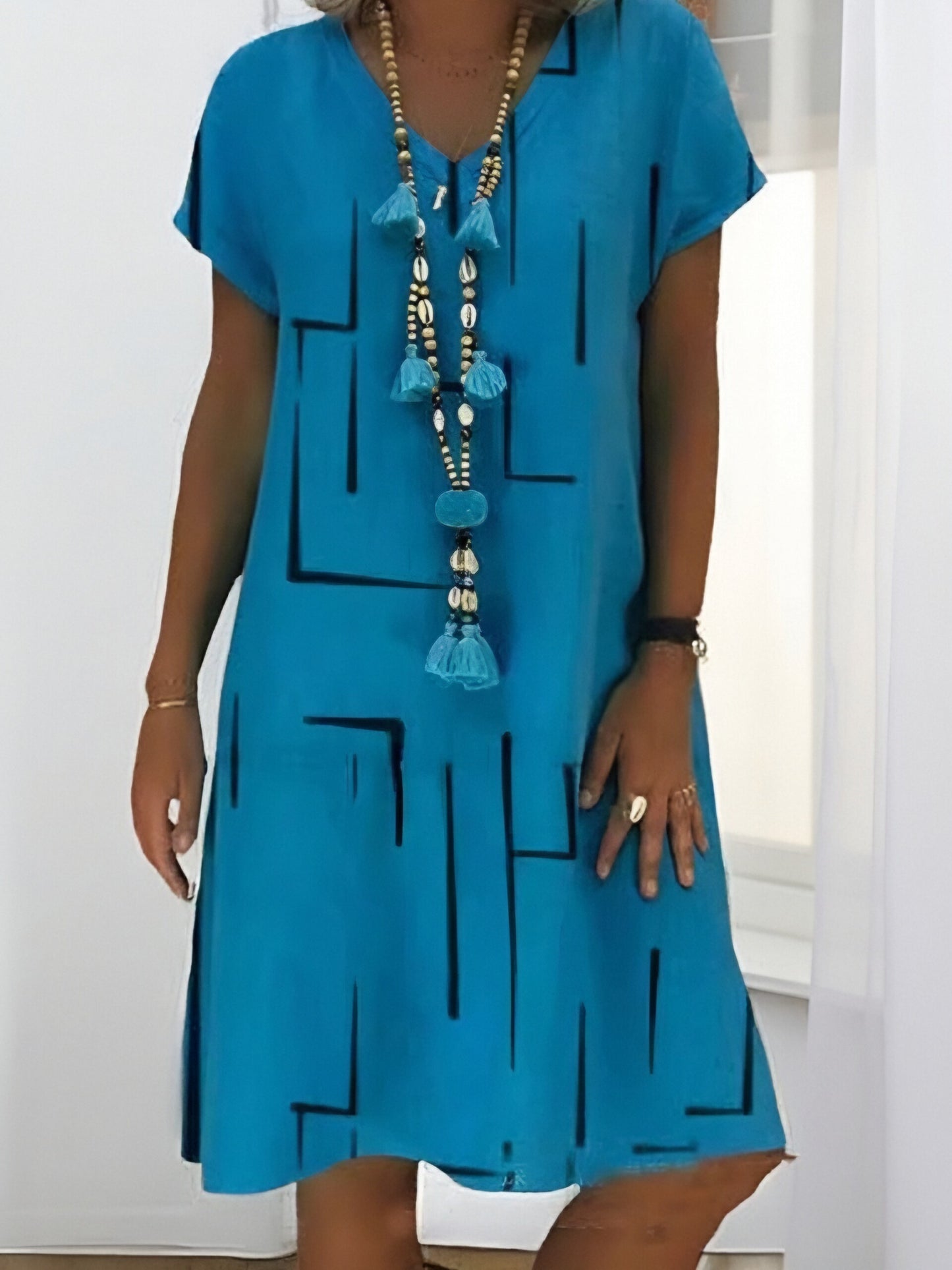 【S-5XL】Rochie nouă din bumbac și in, cu decolteu în V, cu imprimeu 、Prăgător cu pielea și moale、La modă și casuale_4035530