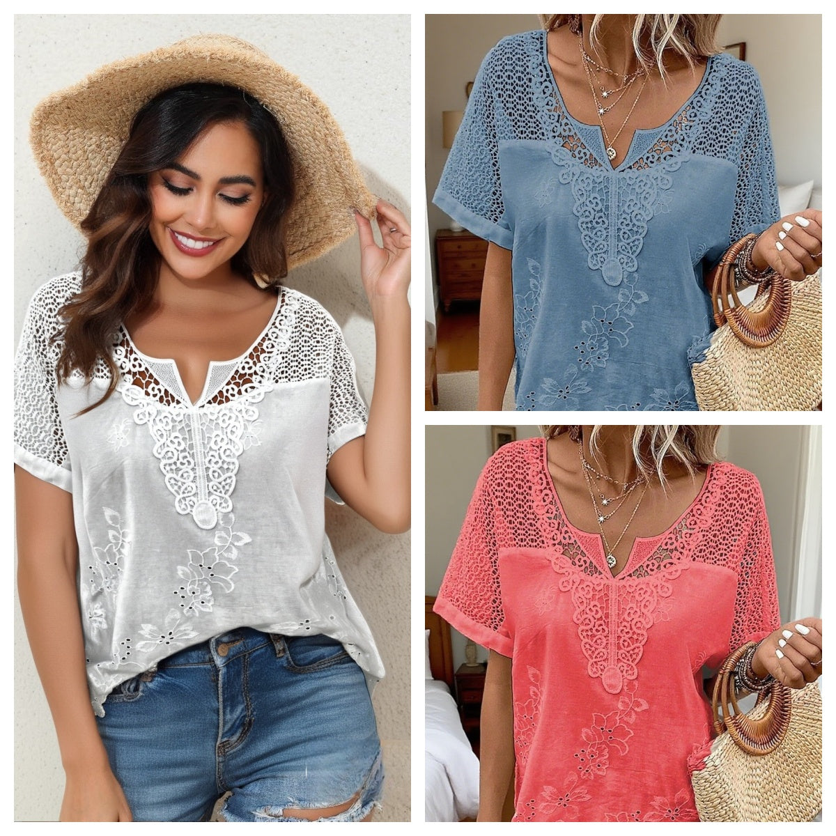 【S–6XL】Bluză elegantă pentru femei cu dantelă și decolteu în V – brodată, cu mâneci scurte_4040518