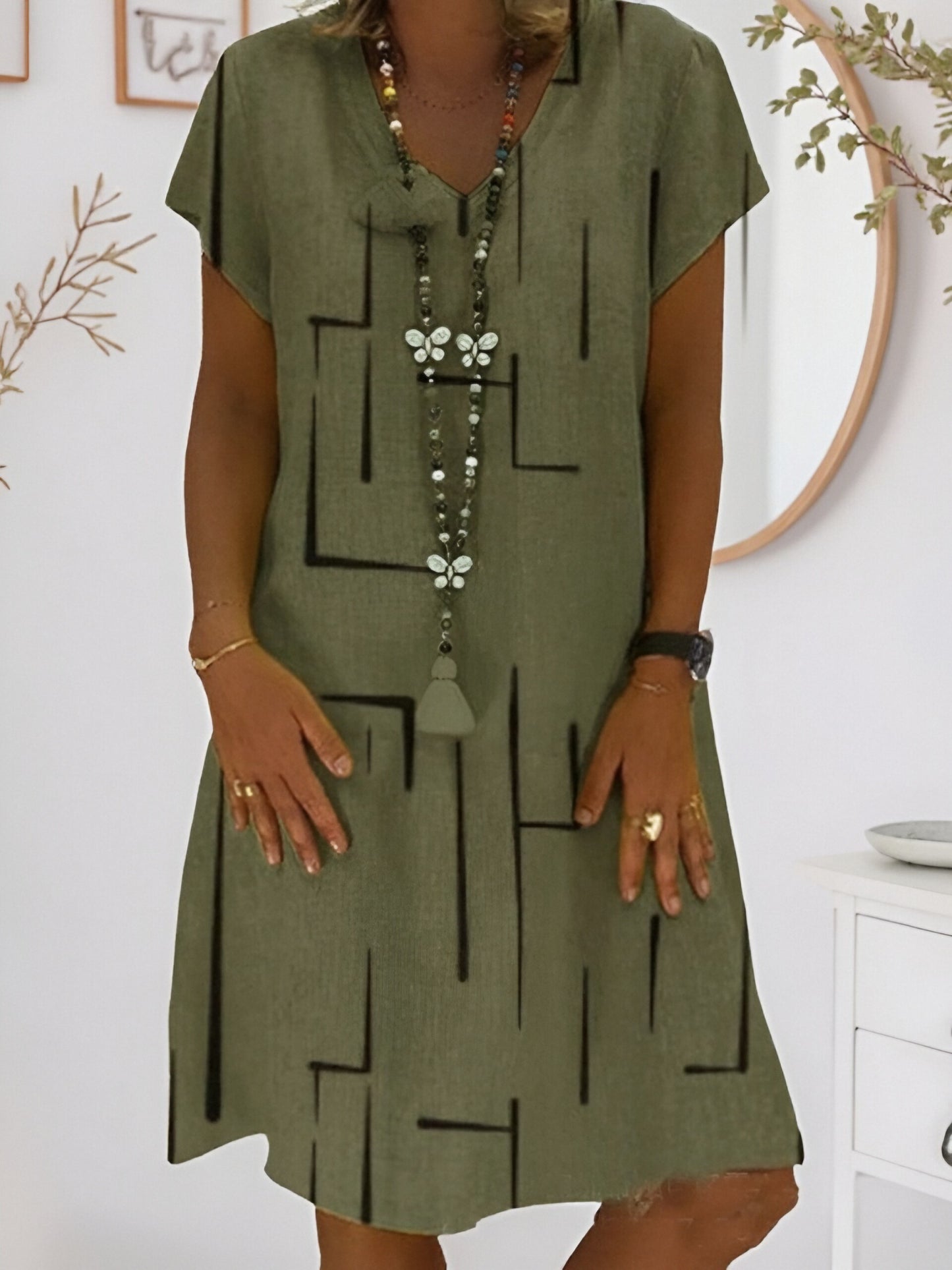 【S-5XL】Rochie nouă din bumbac și in, cu decolteu în V, cu imprimeu 、Prăgător cu pielea și moale、La modă și casuale_4035530