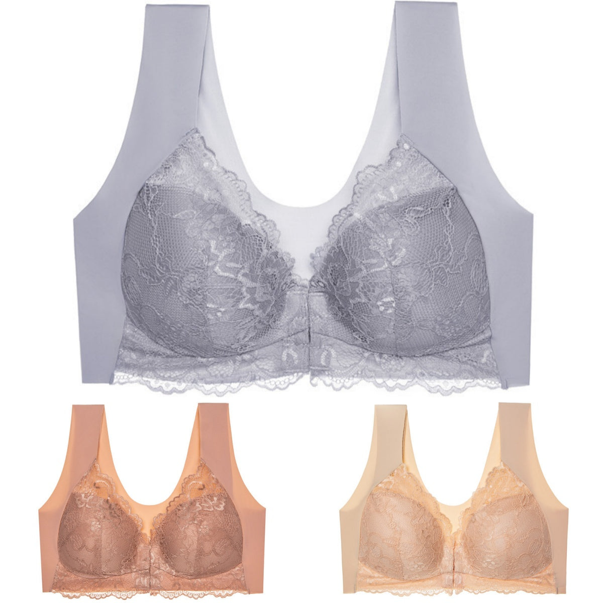 ✨【Produs bestseller】【3 bucăți】 Închidere față de dimensiuni mari, sexy, fără inel de oțel, sutien frumos pe spate