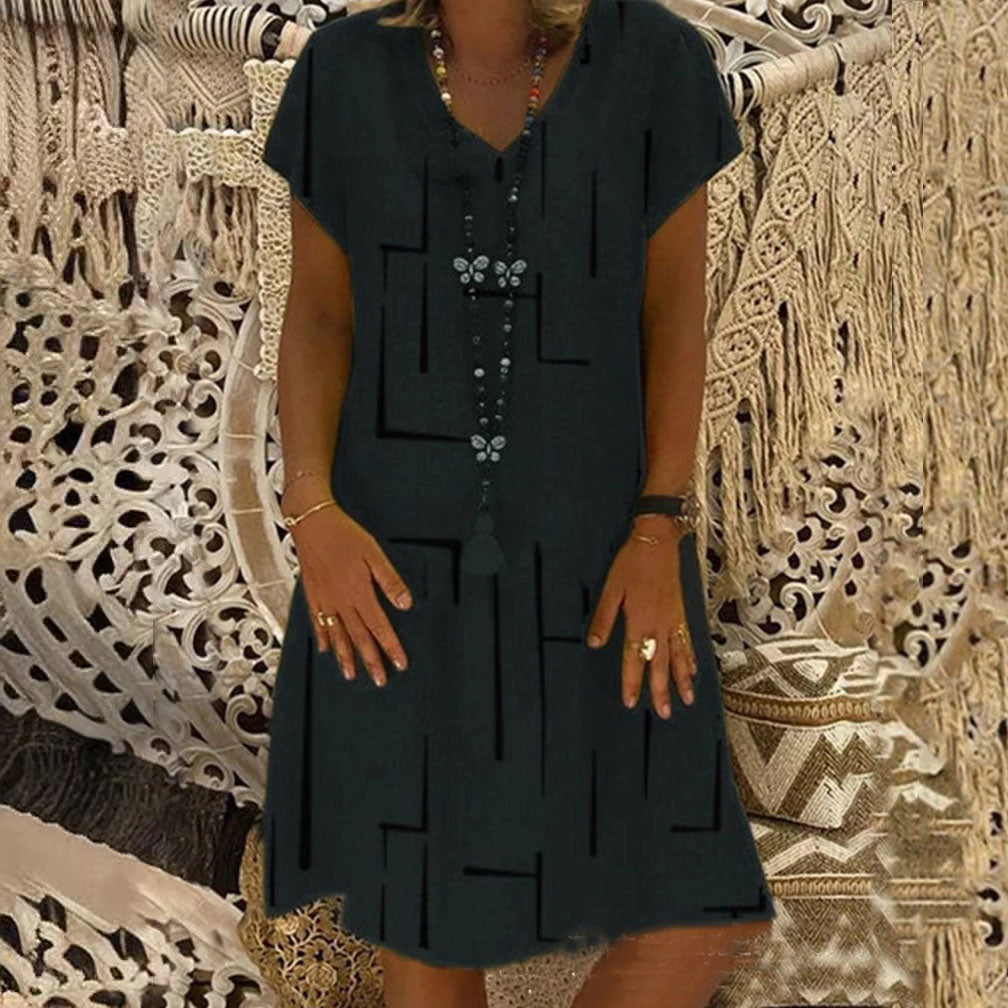 【S-5XL】Rochie nouă din bumbac și in, cu decolteu în V, cu imprimeu 、Prăgător cu pielea și moale、La modă și casuale_4035530