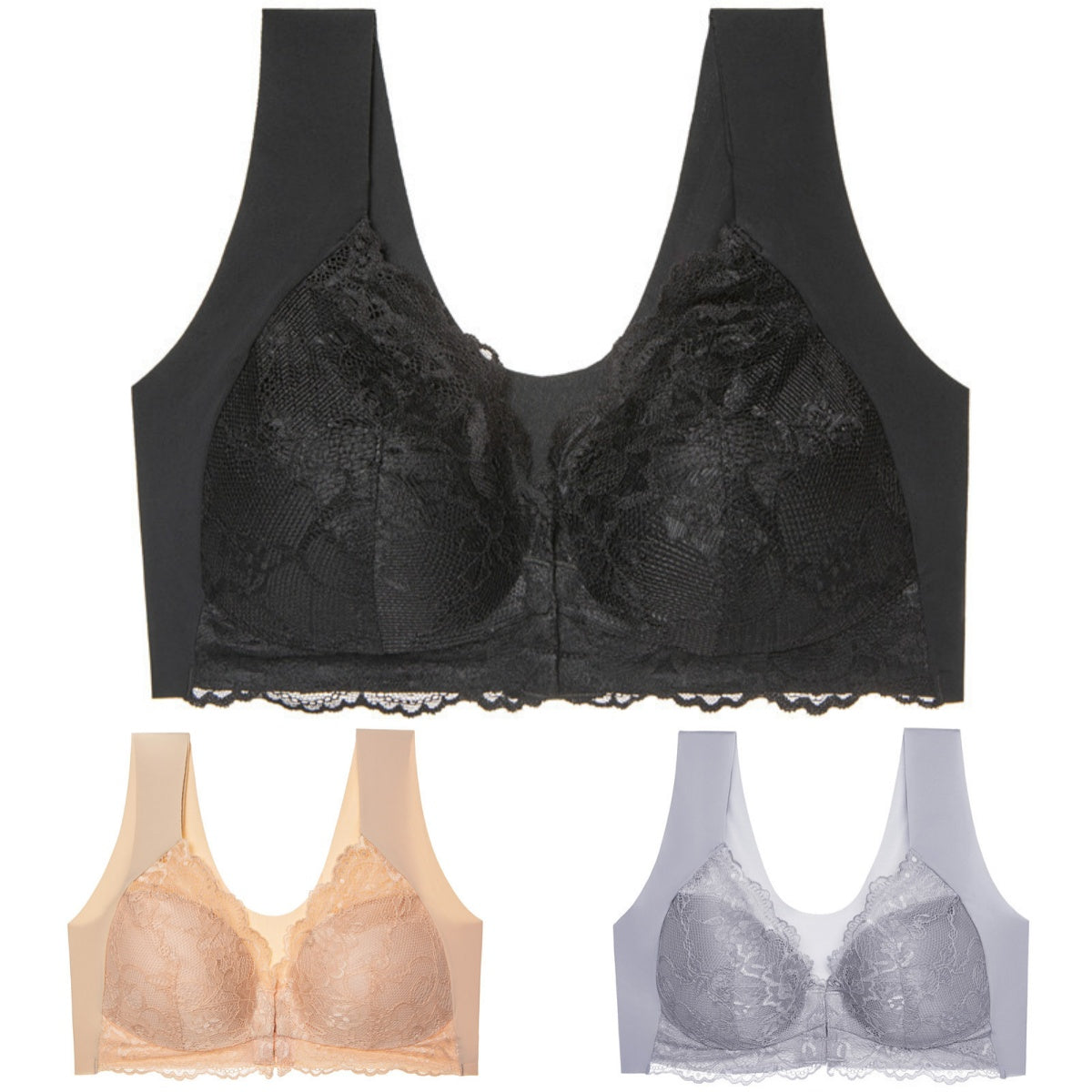 ✨【Produs bestseller】【3 bucăți】 Închidere față de dimensiuni mari, sexy, fără inel de oțel, sutien frumos pe spate