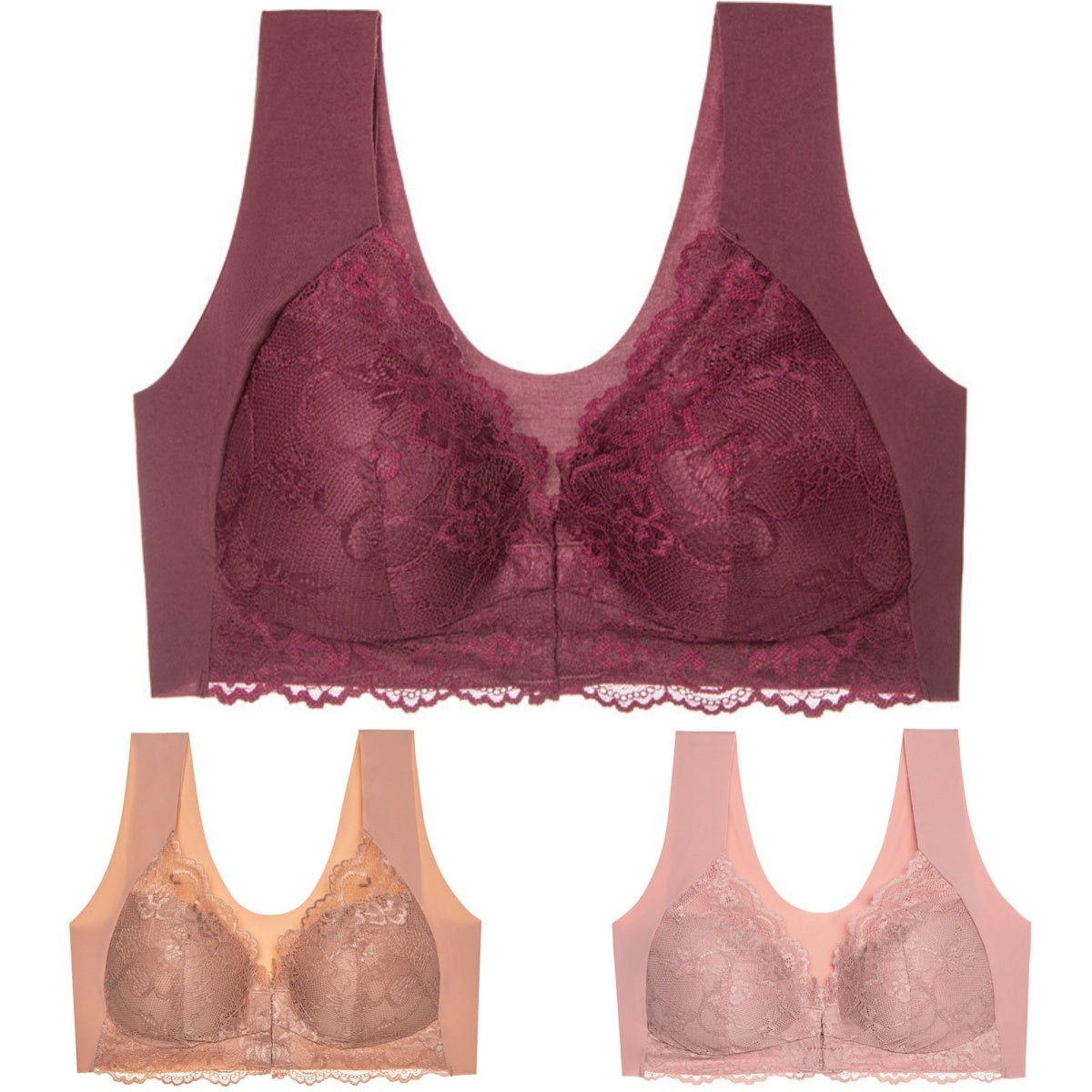 ✨【Produs bestseller】【3 bucăți】 Închidere față de dimensiuni mari, sexy, fără inel de oțel, sutien frumos pe spate