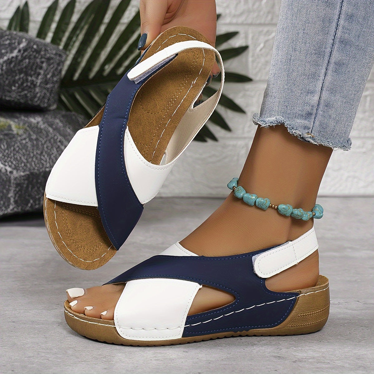 【50% de descuento】【36-43】Sandalias de cuña en contraste de verano para mujer, cómodas sandalias con tiras en el tobillo, tejidas a mano, suaves y cómodas_4061892