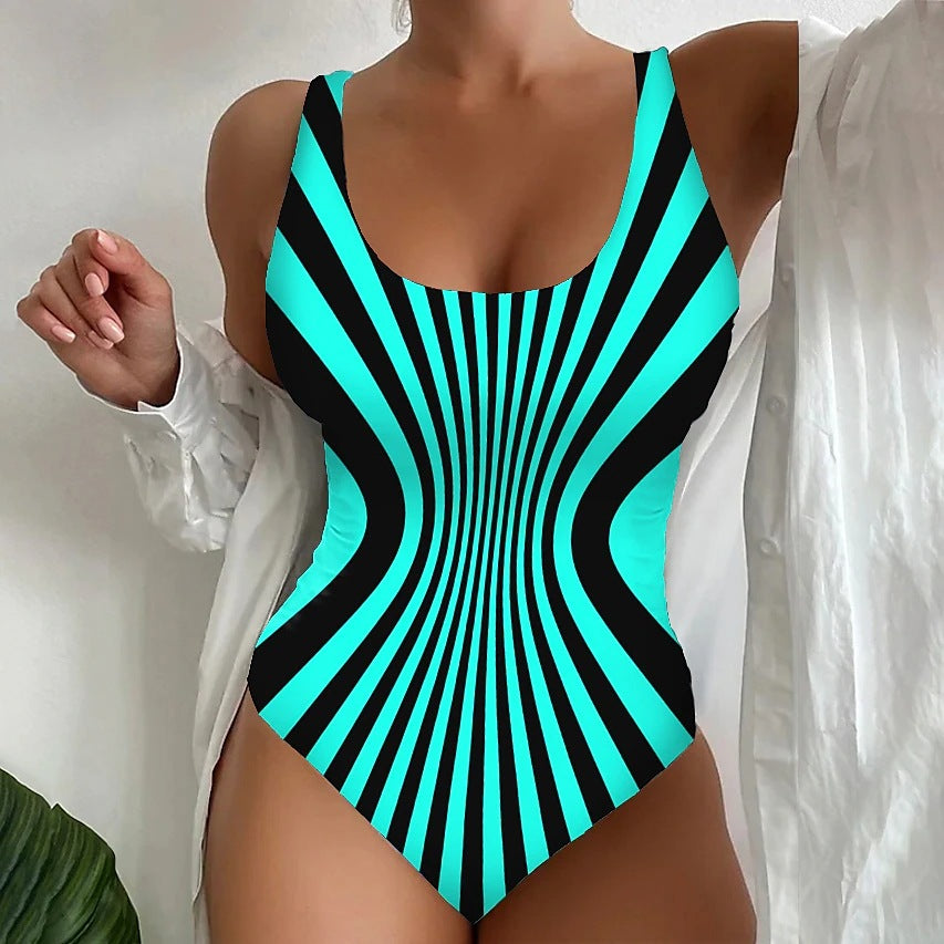 👙【S~6XL】Costum de baie întreg cu dungi, croială care subțiază, material elastic și cu uscare rapidă.
