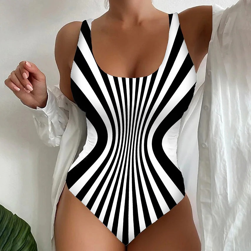 👙【S~6XL】Costum de baie întreg cu dungi, croială care subțiază, material elastic și cu uscare rapidă.