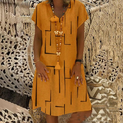 【S-5XL】Rochie nouă din bumbac și in, cu decolteu în V, cu imprimeu 、Prăgător cu pielea și moale、La modă și casuale_4035530