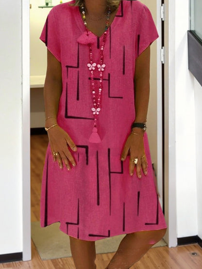 【S-5XL】Rochie nouă din bumbac și in, cu decolteu în V, cu imprimeu 、Prăgător cu pielea și moale、La modă și casuale_4035530