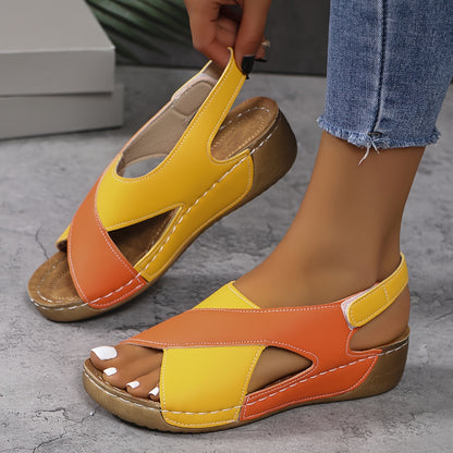 【50% de descuento】【36-43】Sandalias de cuña en contraste de verano para mujer, cómodas sandalias con tiras en el tobillo, tejidas a mano, suaves y cómodas_4061892
