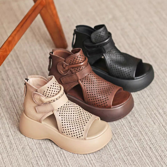 【35-43】Sandalias de mujer con suela gruesa, diseño monocromático en malla y cuero natural