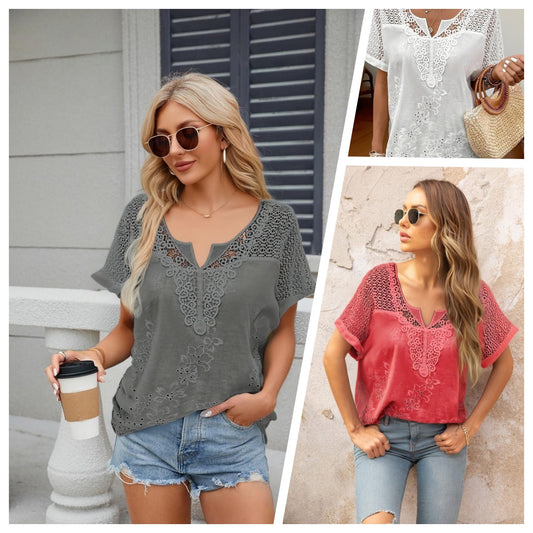 【S–6XL】Bluză elegantă pentru femei cu dantelă și decolteu în V – brodată, cu mâneci scurte_4040518