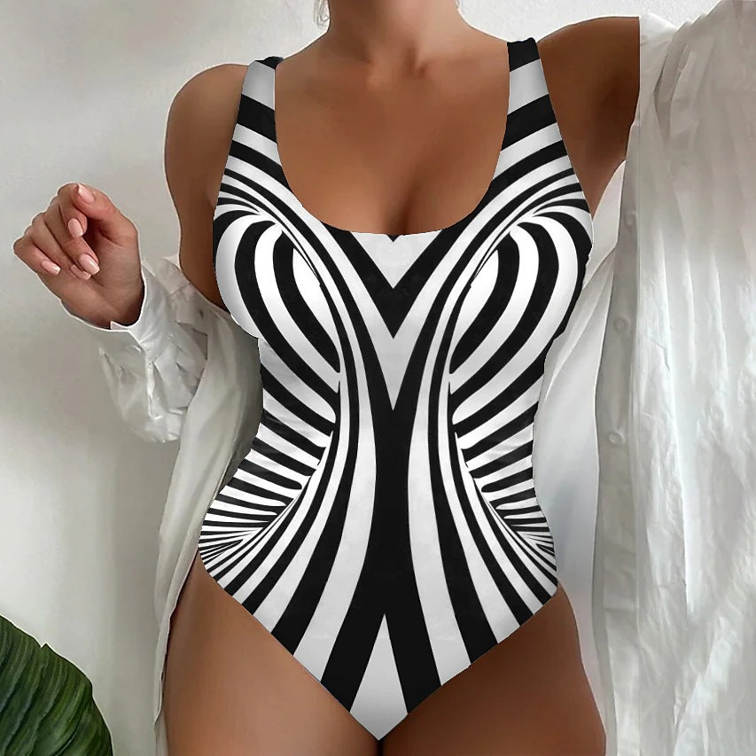 👙【S~6XL】Costum de baie întreg cu dungi, croială care subțiază, material elastic și cu uscare rapidă.