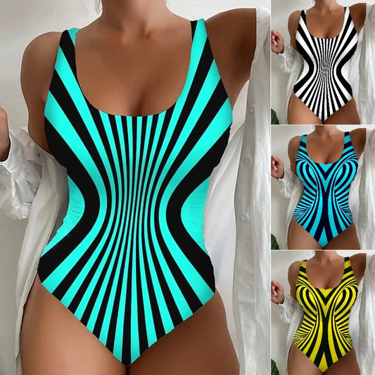 👙【S~6XL】Costum de baie întreg cu dungi, croială care subțiază, material elastic și cu uscare rapidă.