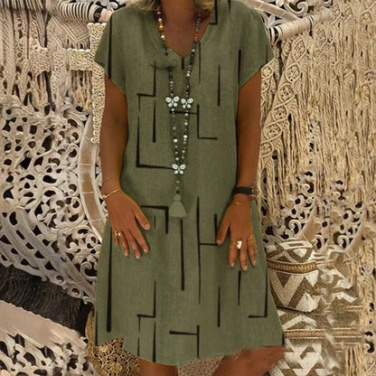 【S-5XL】Rochie nouă din bumbac și in, cu decolteu în V, cu imprimeu 、Prăgător cu pielea și moale、La modă și casuale_4035530
