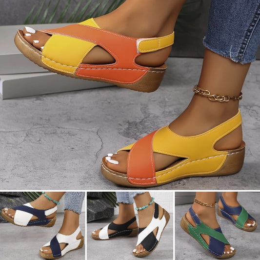 【50% de descuento】【36-43】Sandalias de cuña en contraste de verano para mujer, cómodas sandalias con tiras en el tobillo, tejidas a mano, suaves y cómodas_4061892