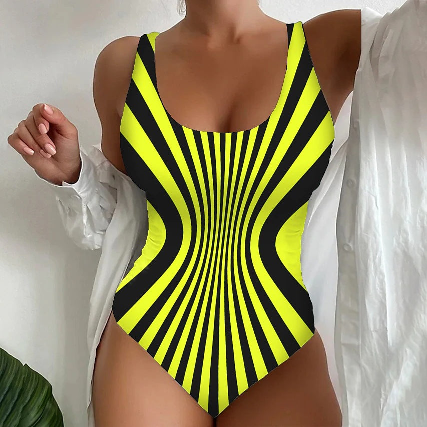 👙【S~6XL】Costum de baie întreg cu dungi, croială care subțiază, material elastic și cu uscare rapidă.