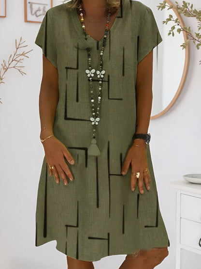【S-5XL】Rochie nouă din bumbac și in, cu decolteu în V, cu imprimeu 、Prăgător cu pielea și moale、La modă și casuale_4035530