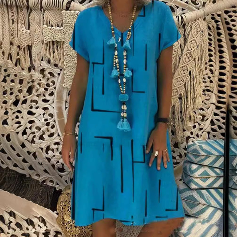 【S-5XL】Rochie nouă din bumbac și in, cu decolteu în V, cu imprimeu 、Prăgător cu pielea și moale、La modă și casuale_4035530