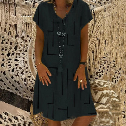 【S-5XL】Rochie nouă din bumbac și in, cu decolteu în V, cu imprimeu 、Prăgător cu pielea și moale、La modă și casuale_4035530