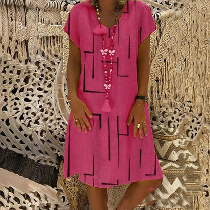 【S-5XL】Rochie nouă din bumbac și in, cu decolteu în V, cu imprimeu 、Prăgător cu pielea și moale、La modă și casuale_4035530