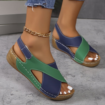 【50% de descuento】【36-43】Sandalias de cuña en contraste de verano para mujer, cómodas sandalias con tiras en el tobillo, tejidas a mano, suaves y cómodas_4061892