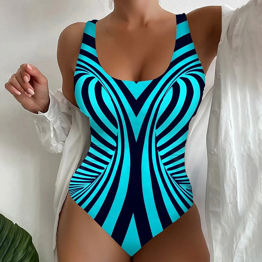 👙【S~6XL】Costum de baie întreg cu dungi, croială care subțiază, material elastic și cu uscare rapidă.