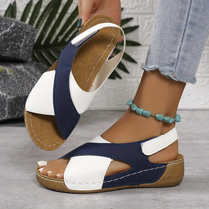【50% de descuento】【36-43】Sandalias de cuña en contraste de verano para mujer, cómodas sandalias con tiras en el tobillo, tejidas a mano, suaves y cómodas_4061892