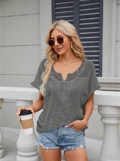 【S–6XL】Bluză elegantă pentru femei cu dantelă și decolteu în V – brodată, cu mâneci scurte_4040518