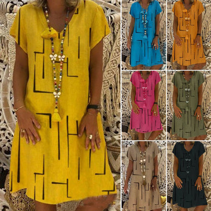 【S-5XL】Rochie nouă din bumbac și in, cu decolteu în V, cu imprimeu 、Prăgător cu pielea și moale、La modă și casuale_4035530