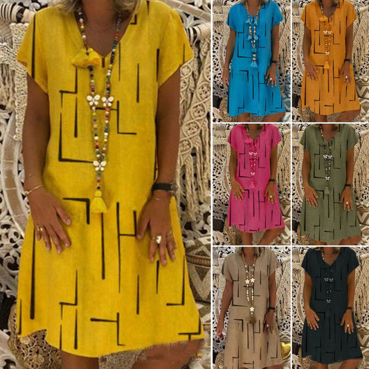 【S-5XL】Rochie nouă din bumbac și in, cu decolteu în V, cu imprimeu 、Prăgător cu pielea și moale、La modă și casuale_4035530